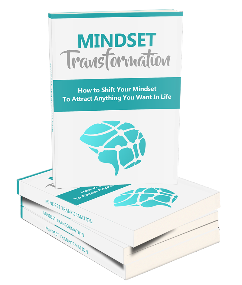 Open e-book titled "Mindset Transformation" by Zenvibez, showing pages with text and graphics on personal growth and positive thinking.