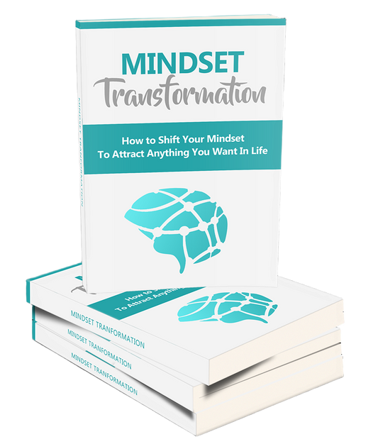 Open e-book titled "Mindset Transformation" by Zenvibez, showing pages with text and graphics on personal growth and positive thinking.